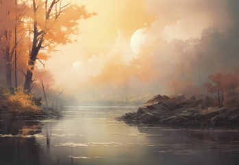 Autumn Sunrise Over Serene Lake with Misty Forest and Moon in Background  Ideal for Nature Posters and Prints