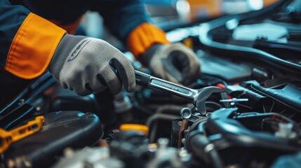 Professional car mechanic using a wrench to work on the engine of the car in the garage for car auto repair service and maintenance check concept for the vehicle before leaving. Car maintenance
