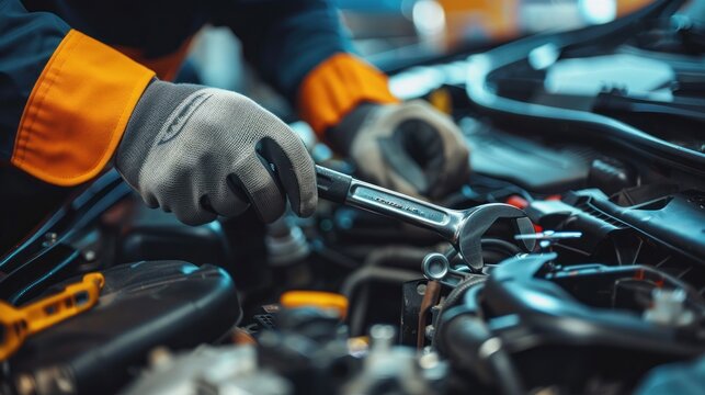 Professional car mechanic using a wrench to work on the engine of the car in the garage for car auto repair service and maintenance check concept for the vehicle before leaving. Car maintenance