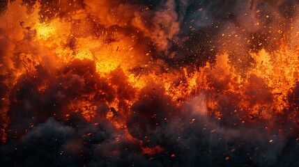 Explosive lava bursts and flames with swirling black smoke, featuring vivid orange and red colors, designed for banner backgrounds with text space