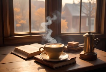 cup of coffee on wooden table