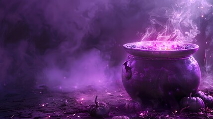 A purple cauldron with smoke and glowing liquid inside, on a halloween background