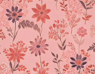 Hand-drawn floral pattern in various pink tones, displayed on a smooth pink background,