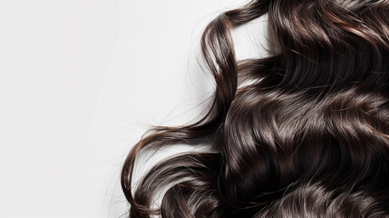 Naklejka premium samples of women's hair. advertising of hair dye. shiny hair, dark brown curls highlighted on a white background, with a copyspace on a white isolated background