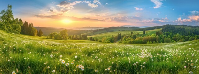 A panoramic view of a spring landscape with green grass and wild daisies in a meadow on a hill at sunset.a landscape background with a sunset over green hills and a forest at a summer evening. 