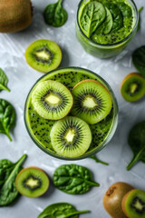 Spinach Shake with Kiwi Slices in Glass