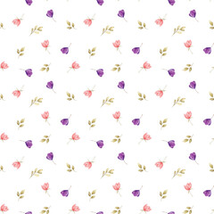 Seamless pattern with watercolor flowers, repeat floral texture, background hand drawing. Perfectly for wrapping paper, wallpaper, fabric, texture and other printing.