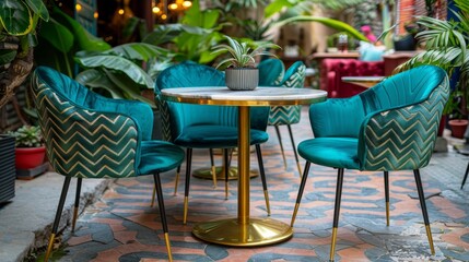  A table with a potted plant on it, adjacent to chairs Another table with a potted plant at its center
