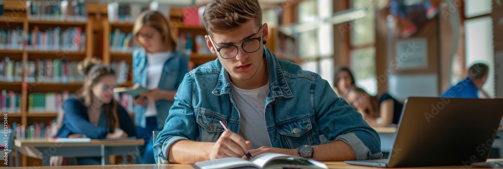 Poster A diligent student is devoted to academic studies at a library, using a laptop and various books to excel in an educational environment, fostering learning and research in a focused setting