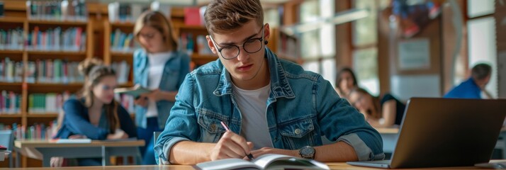 A diligent student is devoted to academic studies at a library, using a laptop and various books to excel in an educational environment, fostering learning and research in a focused setting