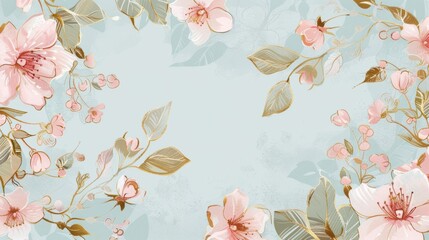 Cherry Blossoms floral, luxury botanical on light blue background vector, empty space in the middle to leave room for text or logo, gold line wallpaper, leaves, flower, foliage, hand drawn