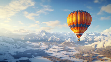 hot air balloon in the sky and beautiful view of snow mountains 