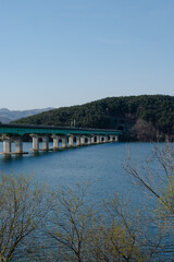 Fototapeta premium Scenic View of a Bridge Over Tranquil River