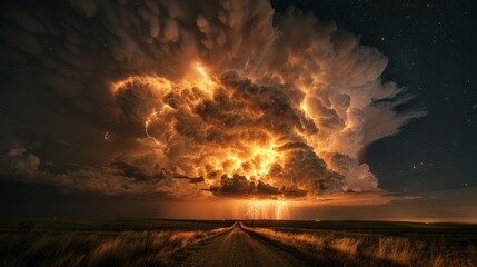Lightning strike during a nighttime storm with dramatic clouds