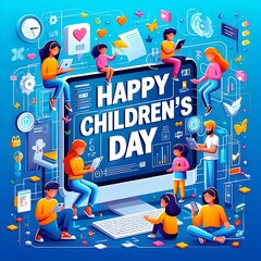 Poster cute children are learning about technology on happy children's day