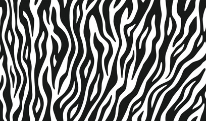 Zebra skin, stripes pattern. Animal print, black and white detailed and realistic texture. Monochrome seamless background. Vector illustration