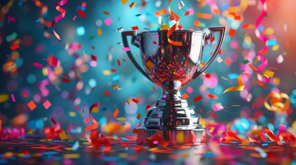 A detailed 3D illustration of a trophy surrounded by colorful confetti and ribbons, evoking a festive and jubilant atmosphere.