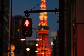 Urban Night Scene with Illuminated Crosswalk Signal