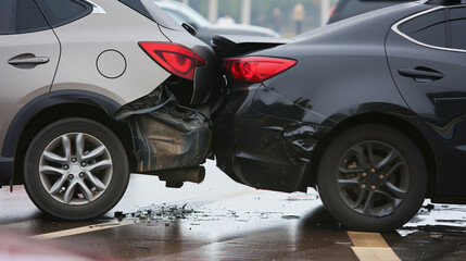 Accident between two cars. Severe damage and torn metal