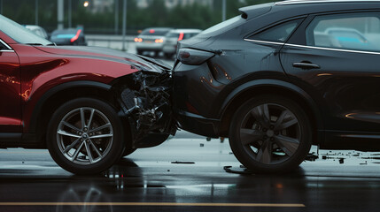 Accident between two cars. Cars stand next to each other, side view. Bumpers damaged