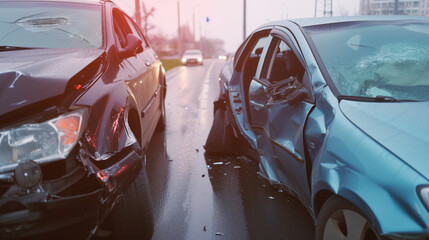 Accident between two cars. Severe damage and torn metal