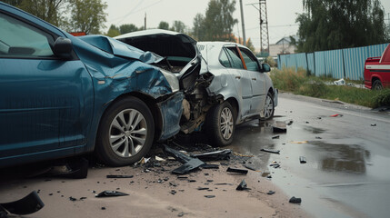 Accident between two cars. Cars stand next to each other, side view. Bumpers damaged