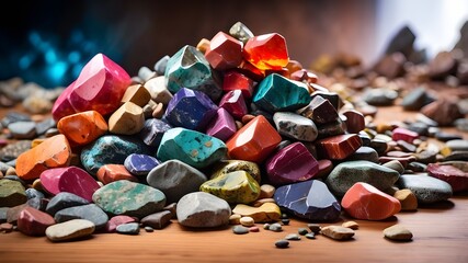 Colorful Rocks Stacked in a Pile, Vibrant Display: Colorful Rocks Arranged on Table, Rock Collection: Colorful Stones Piled High on Table, Tabletop Delight: Assortment of Colorful Rocks Stacked Up