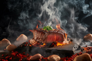 A steak with flames and smoke billowing out, on a stone surface surrounded by garnishing and stones