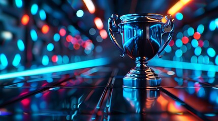 A futuristic 3D illustration of a silver trophy in a digital environment, symbolizing virtual achievement and success.