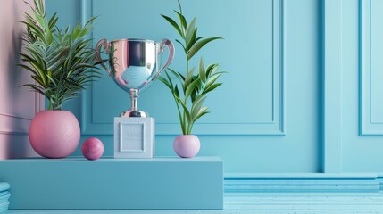 A symbolic 3D illustration of a silver trophy on a podium, signifying being the best and standing out among others.