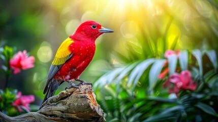  A red-and-yellow bird perches atop a tree stump against a backdrop of a lush, green forest teeming with pink and white flowers and verdant fol