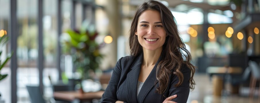 Happy professional woman with arms crossed in an urban office setting