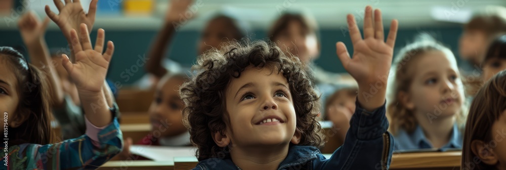 Poster Engaged students actively participate in interactive learning, creating a lively educational environment. They collaborate in diverse classrooms, contribute to a dynamic setting with enthusiasm