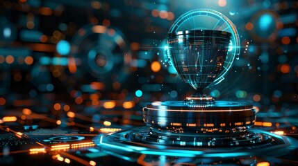 A modern 3D illustration of a sleek trophy with a digital interface, showcasing innovation and technological achievements.