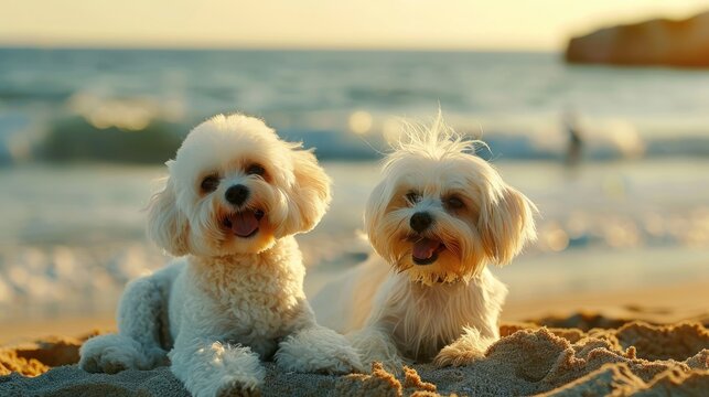 Adorable Maltese and Poodle crossbreed enjoying a day at the seaside