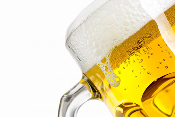 Close-up of a glass mug with beer on a white background. The beer has a thick head of foam on top.