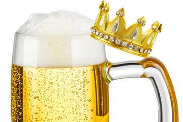 A glass mug of beer with a golden crown resting on the edge.