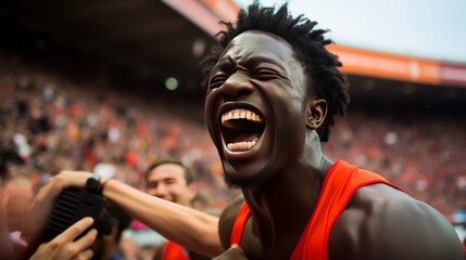 Exciting moment as basketball player scores winning shot at prestigious competition, fans jubilant