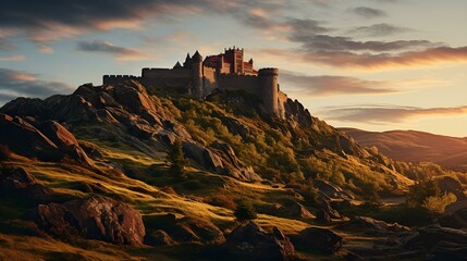 Sunset illuminating castle on hill.