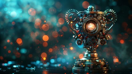 A conceptual 3D illustration of a trophy made of various elements, such as gears and circuit boards, representing innovation and achievement.