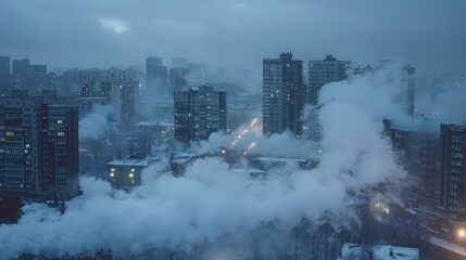 Pale gray smoke drifts in a winter city at night, chilling minimalist design.