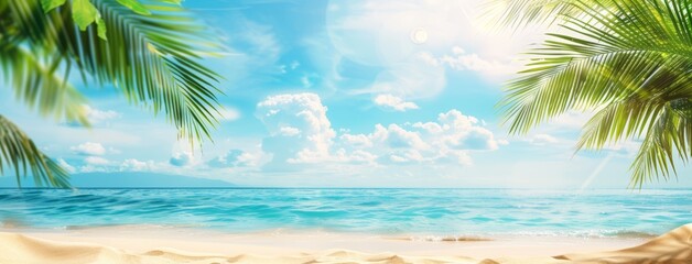 Obraz premium Beautiful beach background with golden sand and blue sky. Summer vacation concept, banner for product display presentation. Blurred tropical sea and palm trees on a blurred background
