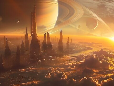 Breathtaking Panorama of Futuristic Space Station Orbiting Saturn at Dramatic Sunset