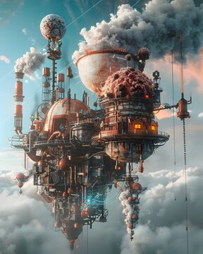 Surreal Floating Dessert Factory in Polluted Dystopian Sky with Mutant Pastry Creations and Robotic Chefs