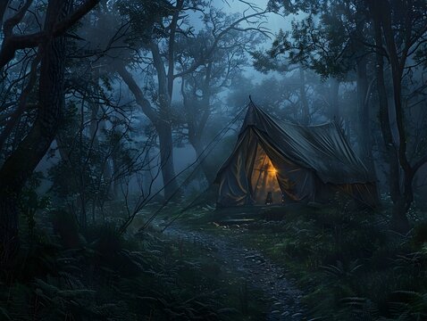 Eerie Glowing Tent in Mysterious Dark Forest with Dreamlike Elements