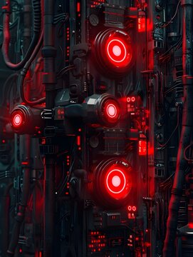 Exposed Circuitry of a Foreboding Nuclear Warhead in Cyberpunk Inspired Digital Painting