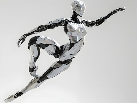 Graceful Metallic Ballerina Robot Performing Futuristic Dance Moves in Close Up