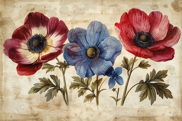 An antique botanical illustration of the Hallerbos anemone and bluebell, showcasing their delicate details in scientific precision.