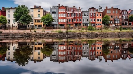 Fototapeta premium Glowing urban cityscape reflected in rippling water, illuminated skyscrapers at night