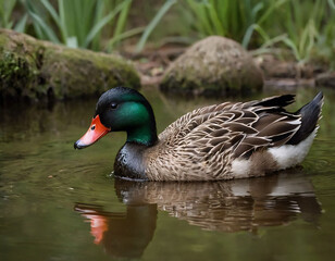 Obraz premium Animal acuático, ganso de pico rojo, cabeza verde y cuerpo marrón en el estanque